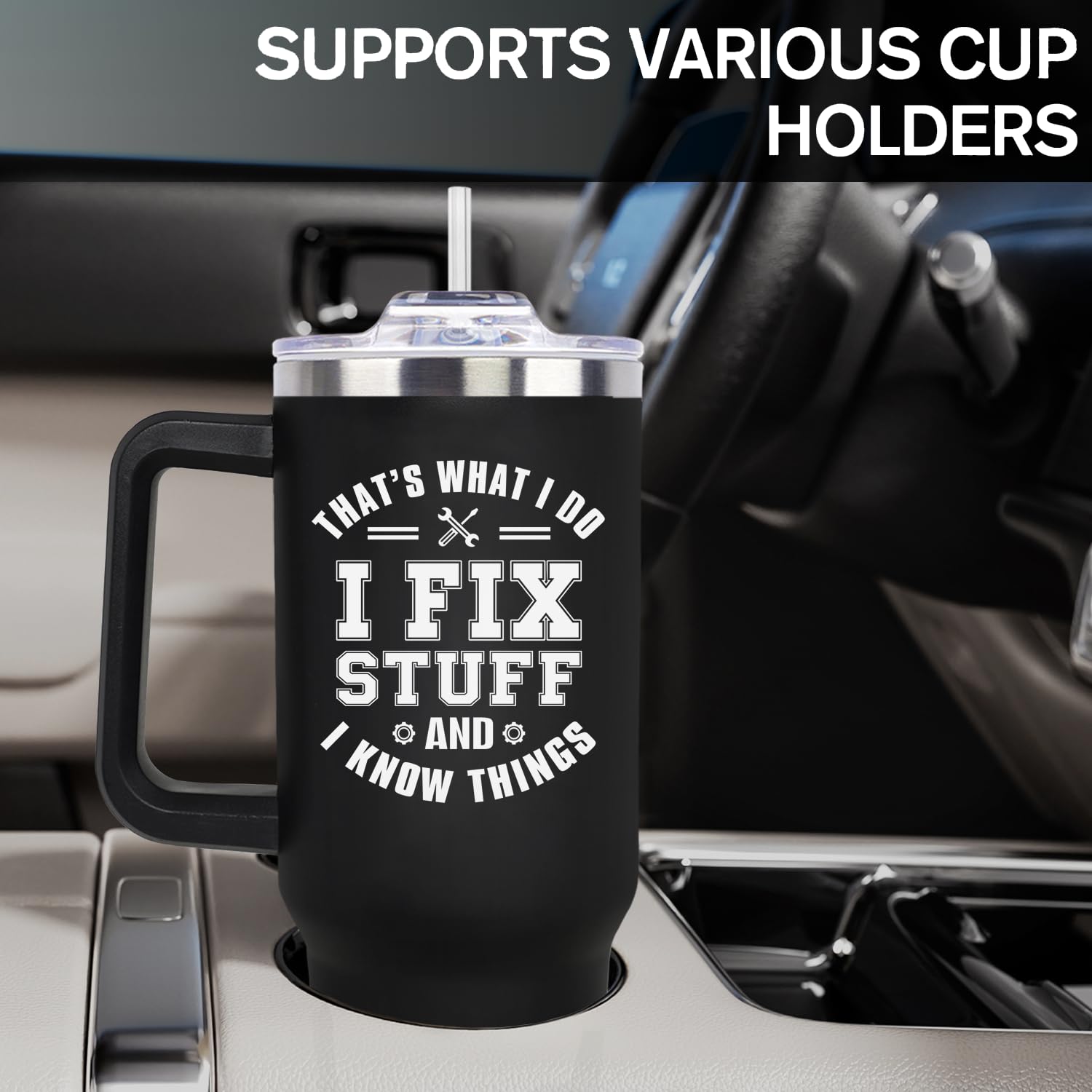 LHSCVUFASC tumbler de 40 onzas, ideal para jornadas largas.