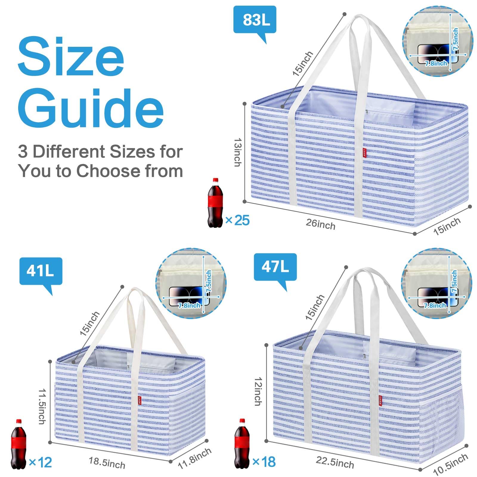 Capacidad de 46 litros de la bolsa LHZK Tote para ordenar botellas y productos voluminosos.