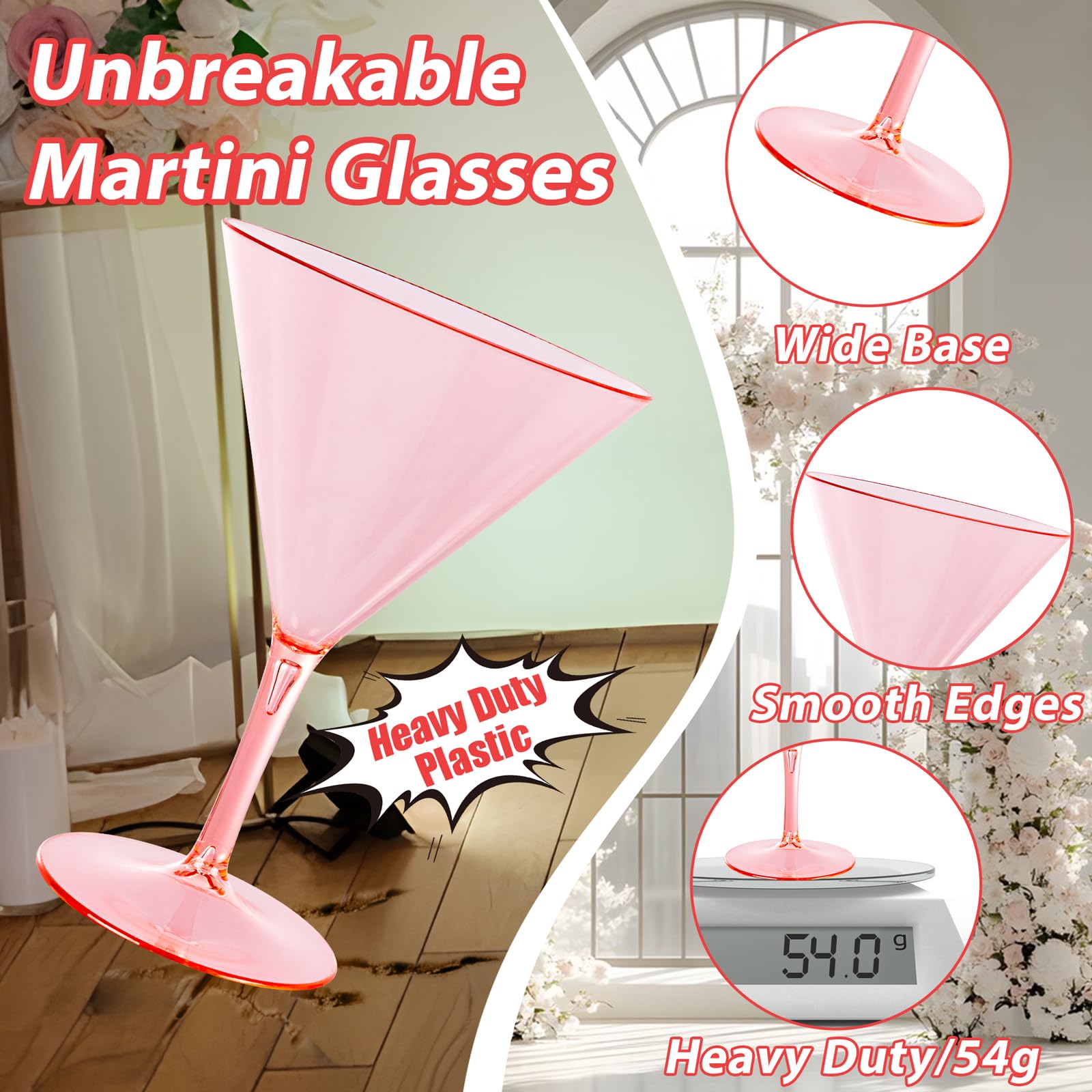 Liacere copas martini rosadas con tallo, ligeras y duraderas para fiestas.