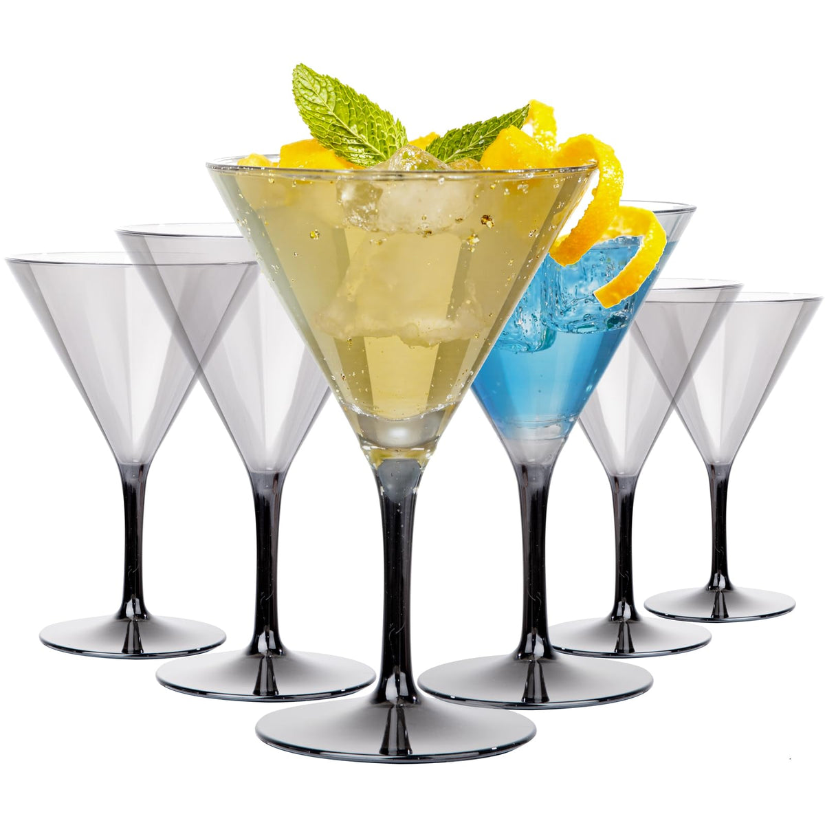 Vasos Liacere Martini de plástico 11 oz con acabado dorado, ideales para fiestas al aire libre.