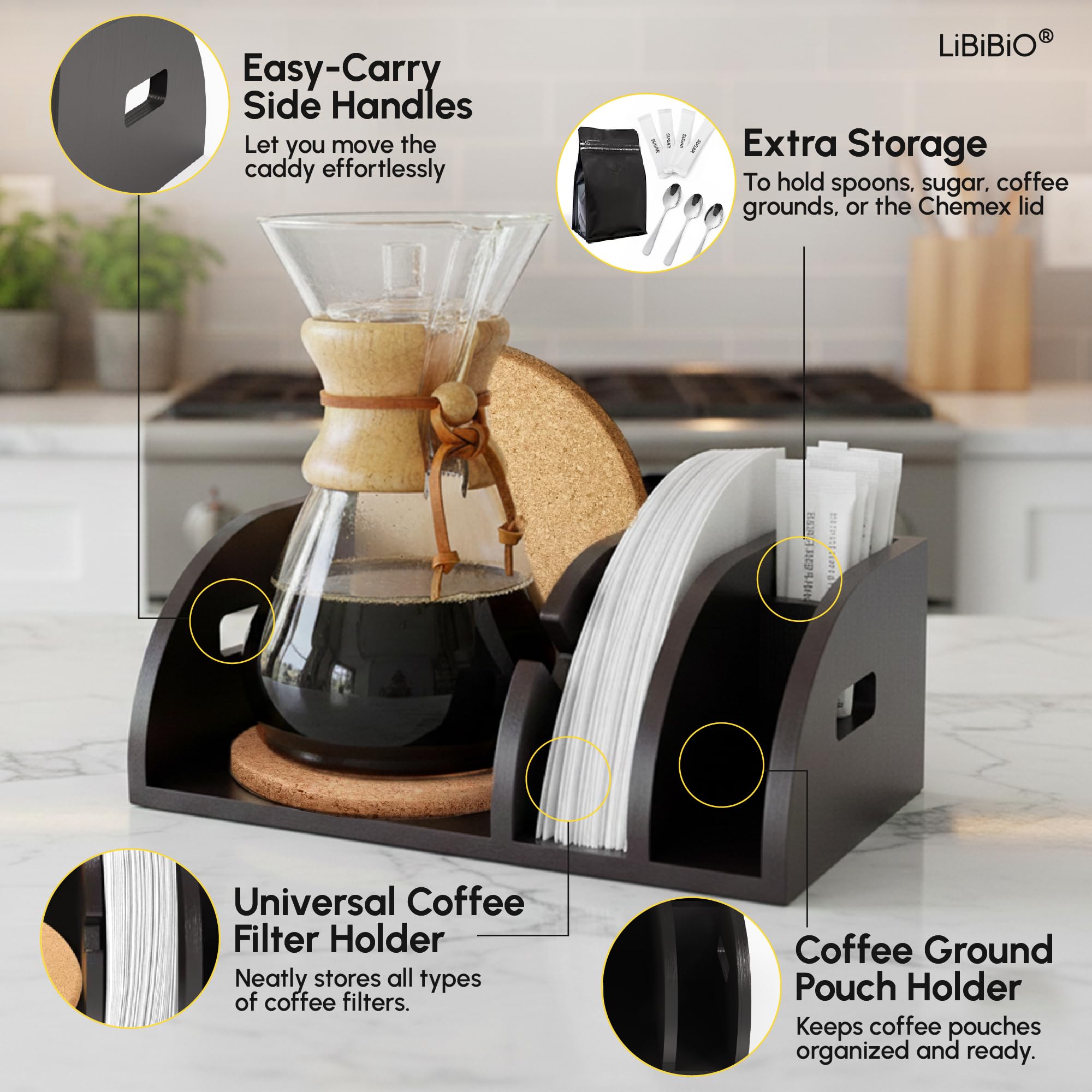 Espacio para accesorios integrado facilita la preparación diaria de café.