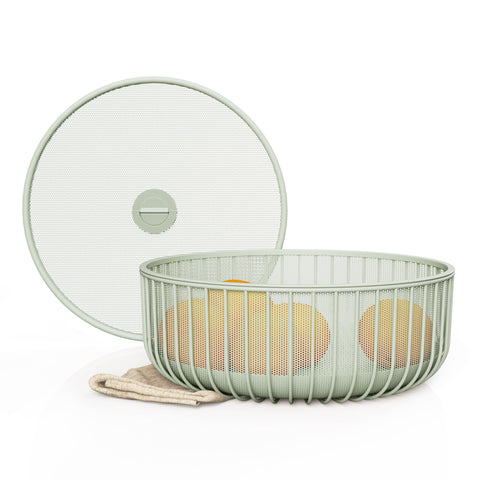 LIBKEN Cesta-frutas con tapa de malla verde para frescura y organización en la encimera.
