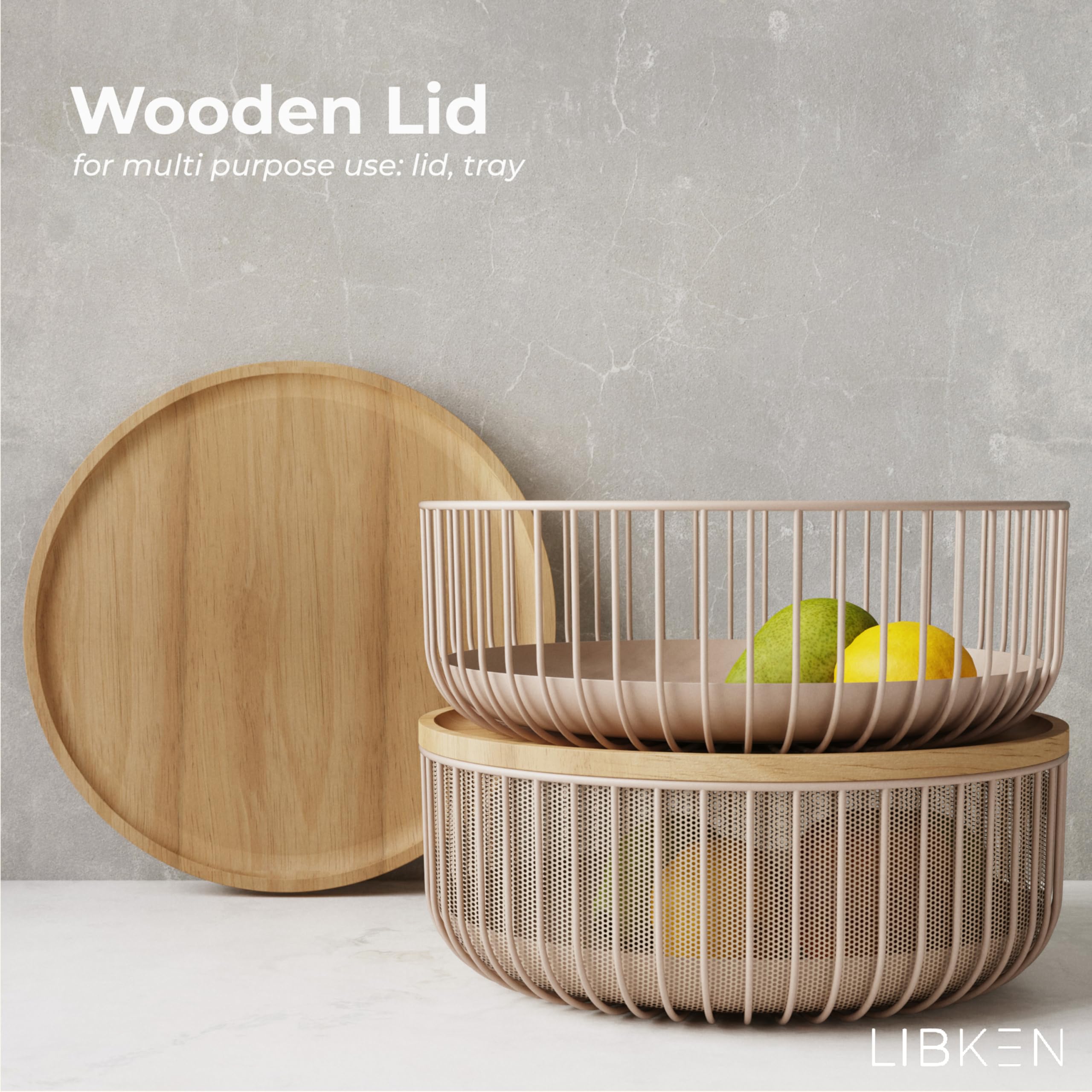 LIBKEN cesto-frutas-metal-con-tapa-de-madera, diseño elegante y duradero para la encimera.
