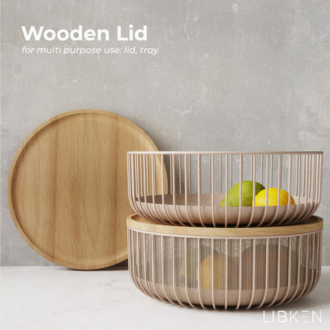 LIBKEN cesto-frutas-metal-con-tapa-de-madera, diseño elegante y duradero para la encimera.