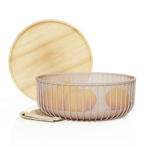 LIBKEN cesto-frutas-metal-con-tapa-de-madera, ideal para mantener frutas frescas en la encimera.
