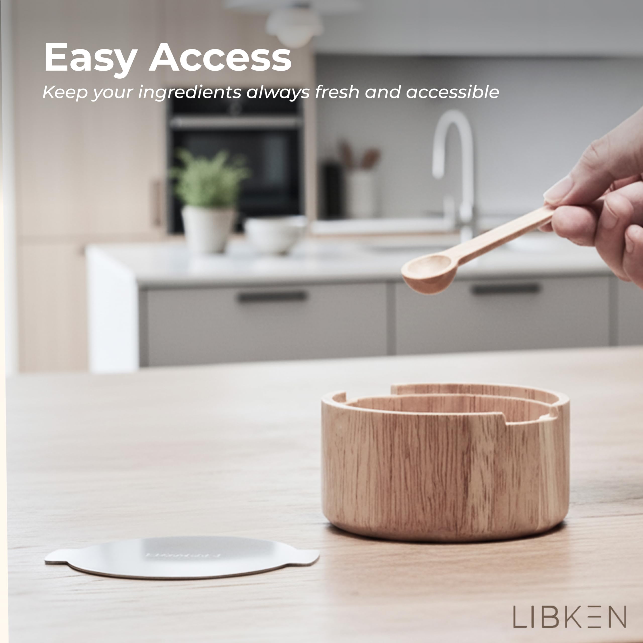 LIBKEN Contenedor de especias en madera con tapa para mantener frescura.