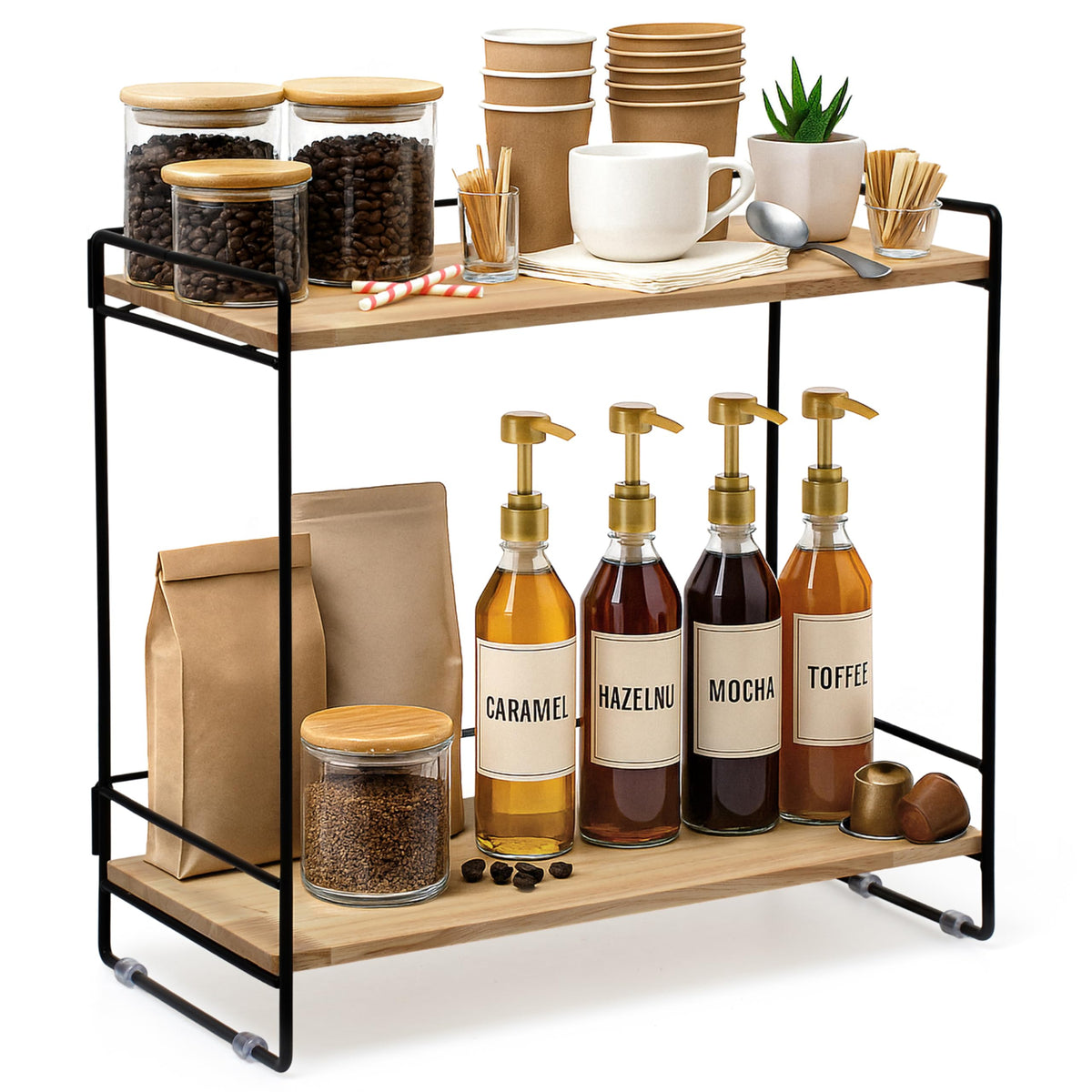 LIBKEN estante café dos niveles con barras traseras desmontables para tazas y jarabes.