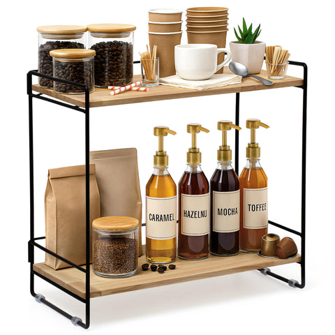 LIBKEN estante café dos niveles con barras traseras desmontables para tazas y jarabes.