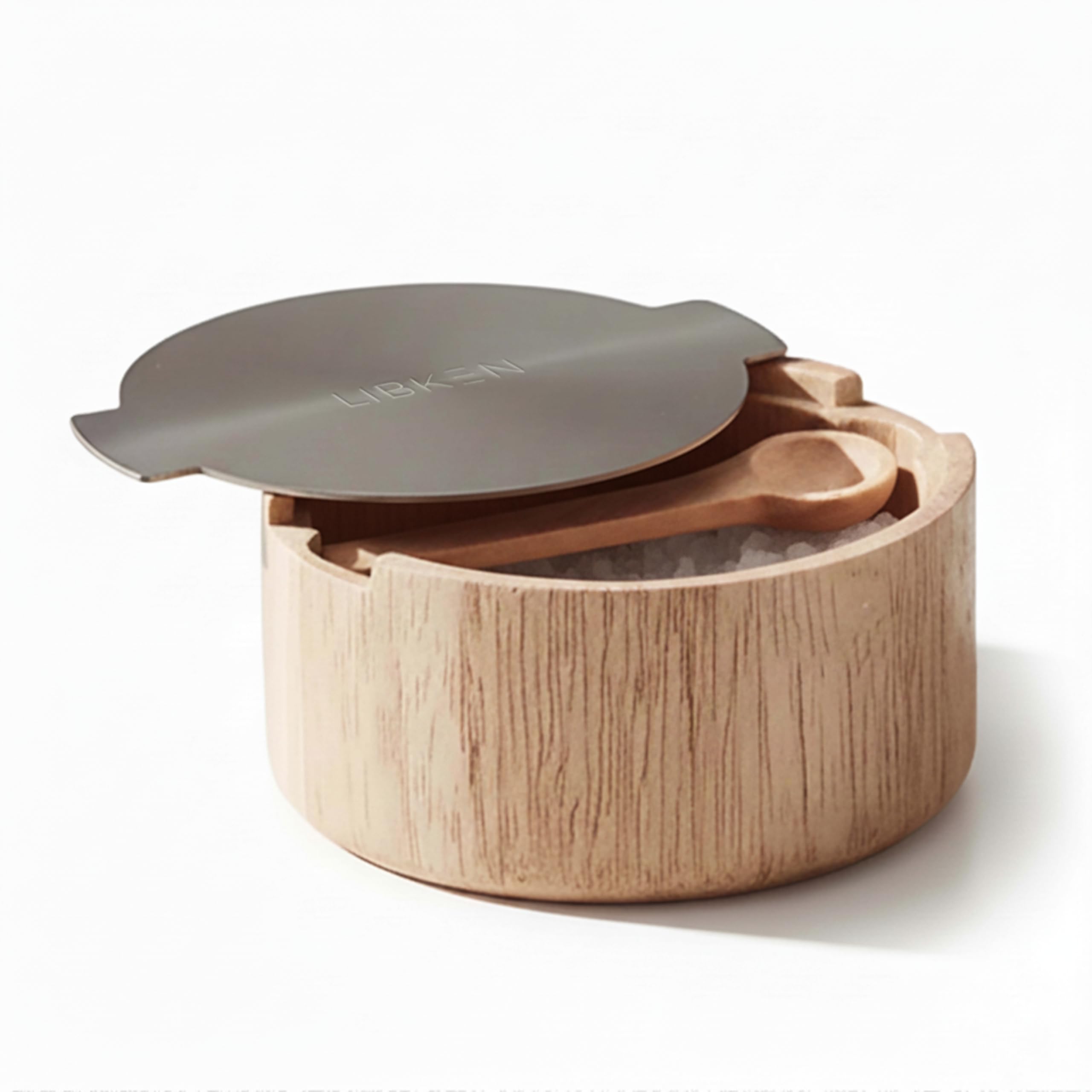 LIBKEN Salero de madera con tapa de acero inoxidable y cuchara integrada para uso rápido.