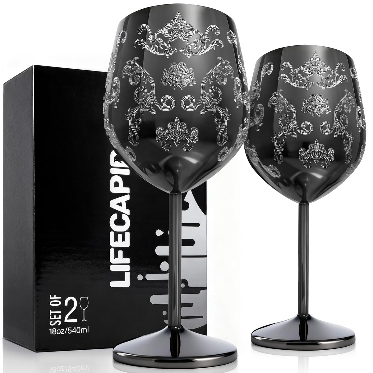 Copa Lifecapido de 18oz con grabados barrocos, ideal para cenas elegantes.