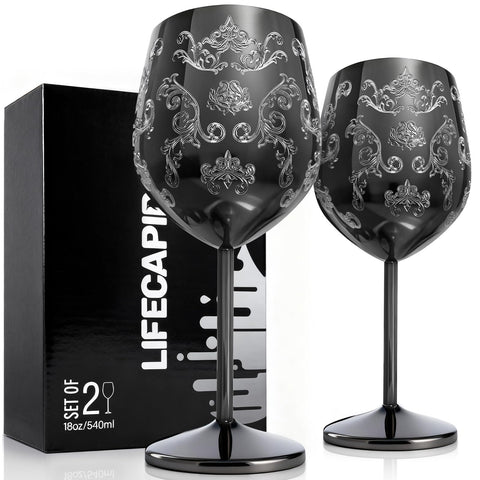 Copa Lifecapido de 18oz con grabados barrocos, ideal para cenas elegantes.