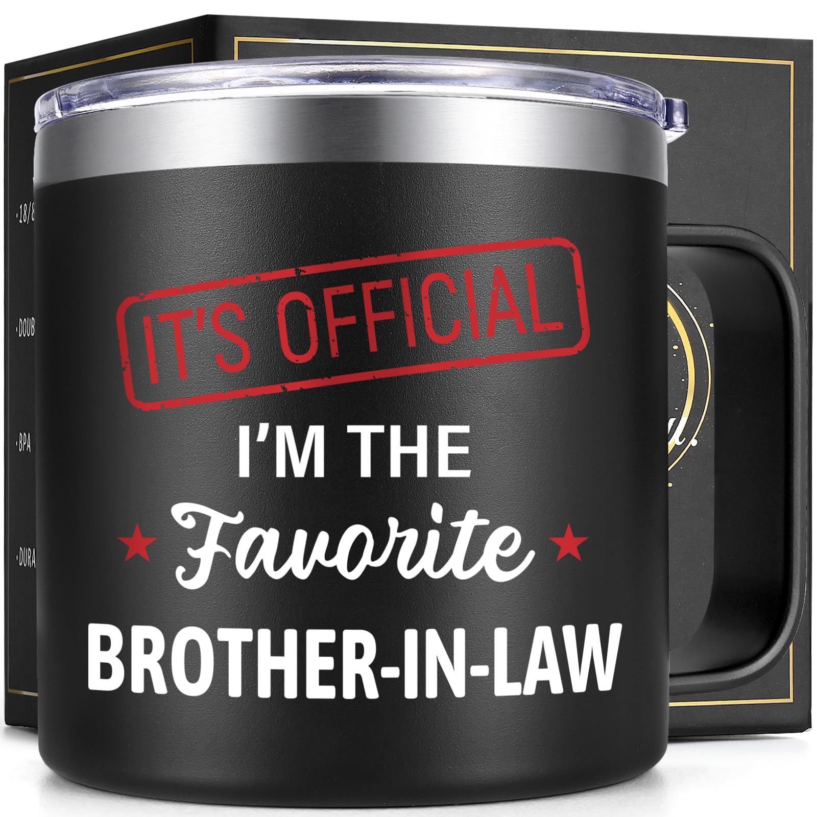 Taza Lifecapido 14oz aislada negra con la frase cuñado favorito para café.