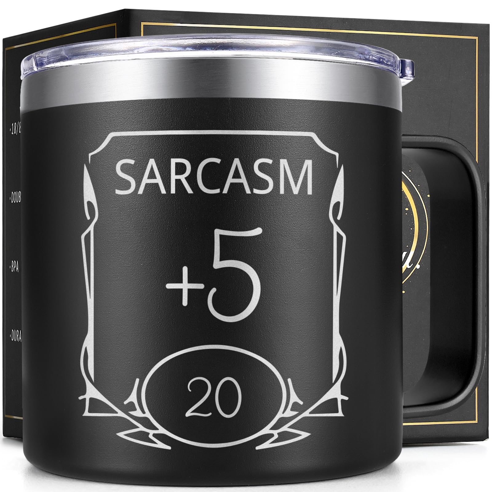 Taza Lifecapido DnD 14oz frente, diseño duradero para casa u oficina.