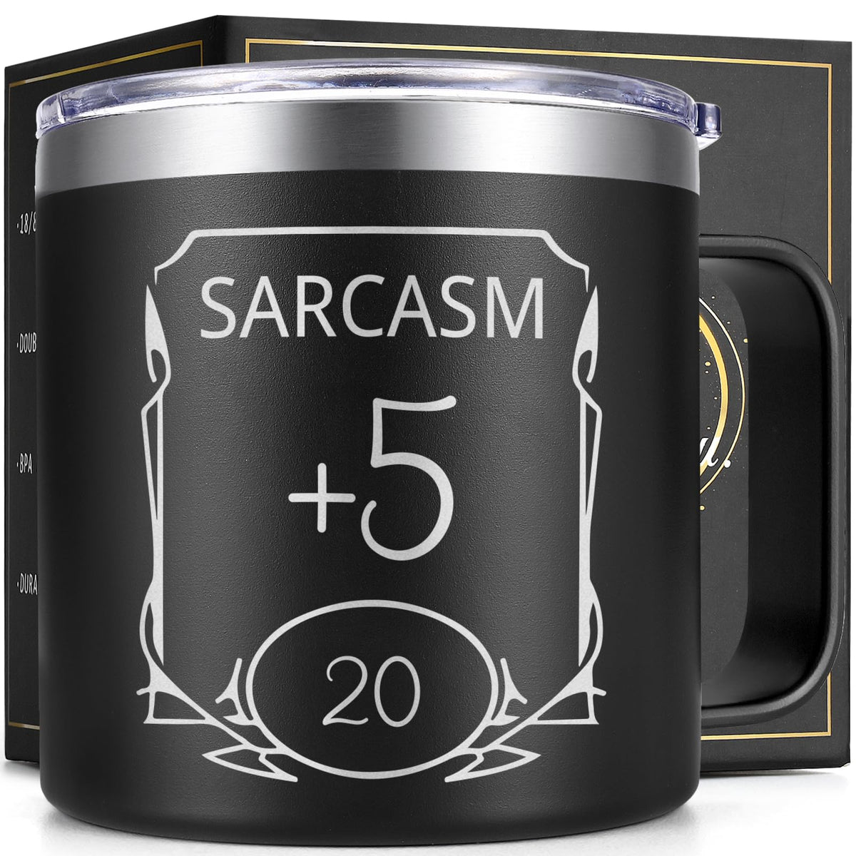 Taza Lifecapido DnD 14oz frente, diseño duradero para casa u oficina.