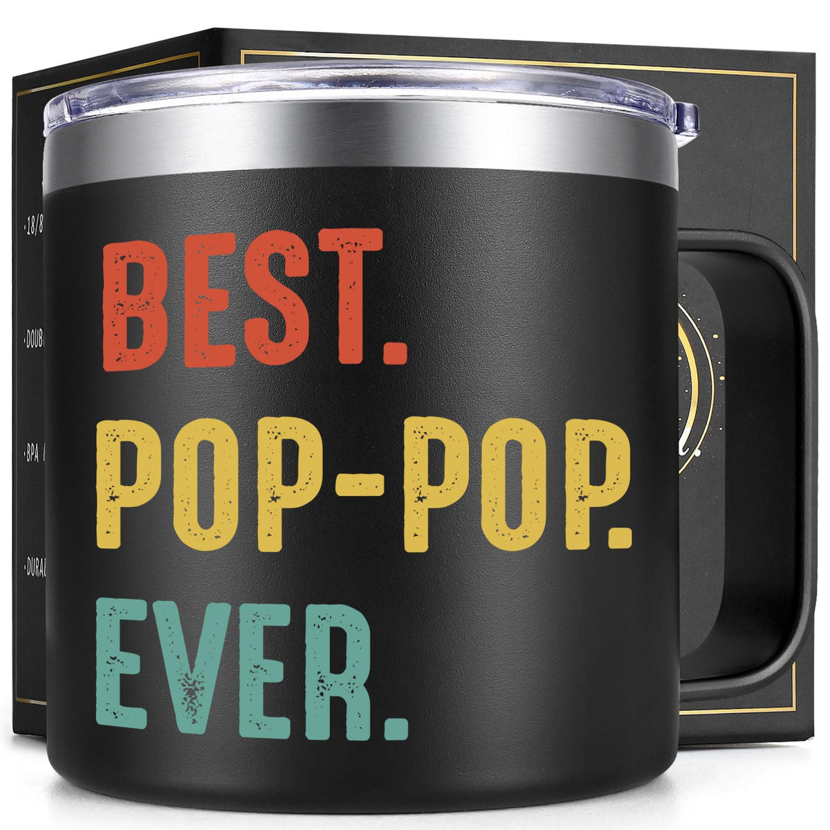 Taza Lifecapido Granpa inoxidable 14oz con tapa, ideal para café caliente.