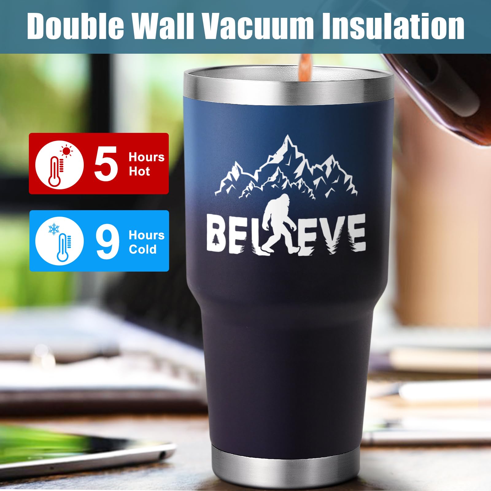 Lifecapido Sasquatch Tumbler 30oz camping, perfecto para actividades al aire libre.