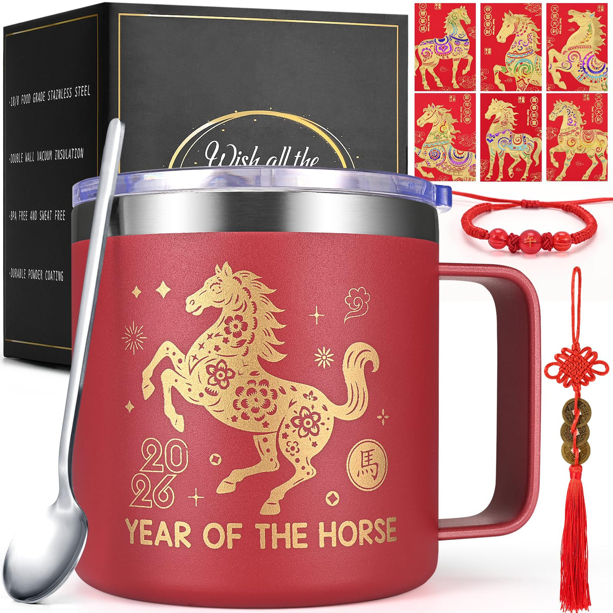 Lifecapido taza de 14oz con cuchara, ideal para café diario y bebidas.