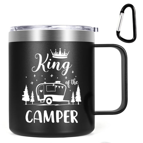 Taza Lifecapido aislada para campamento con asa, ideal para bebidas calientes al aire libre.