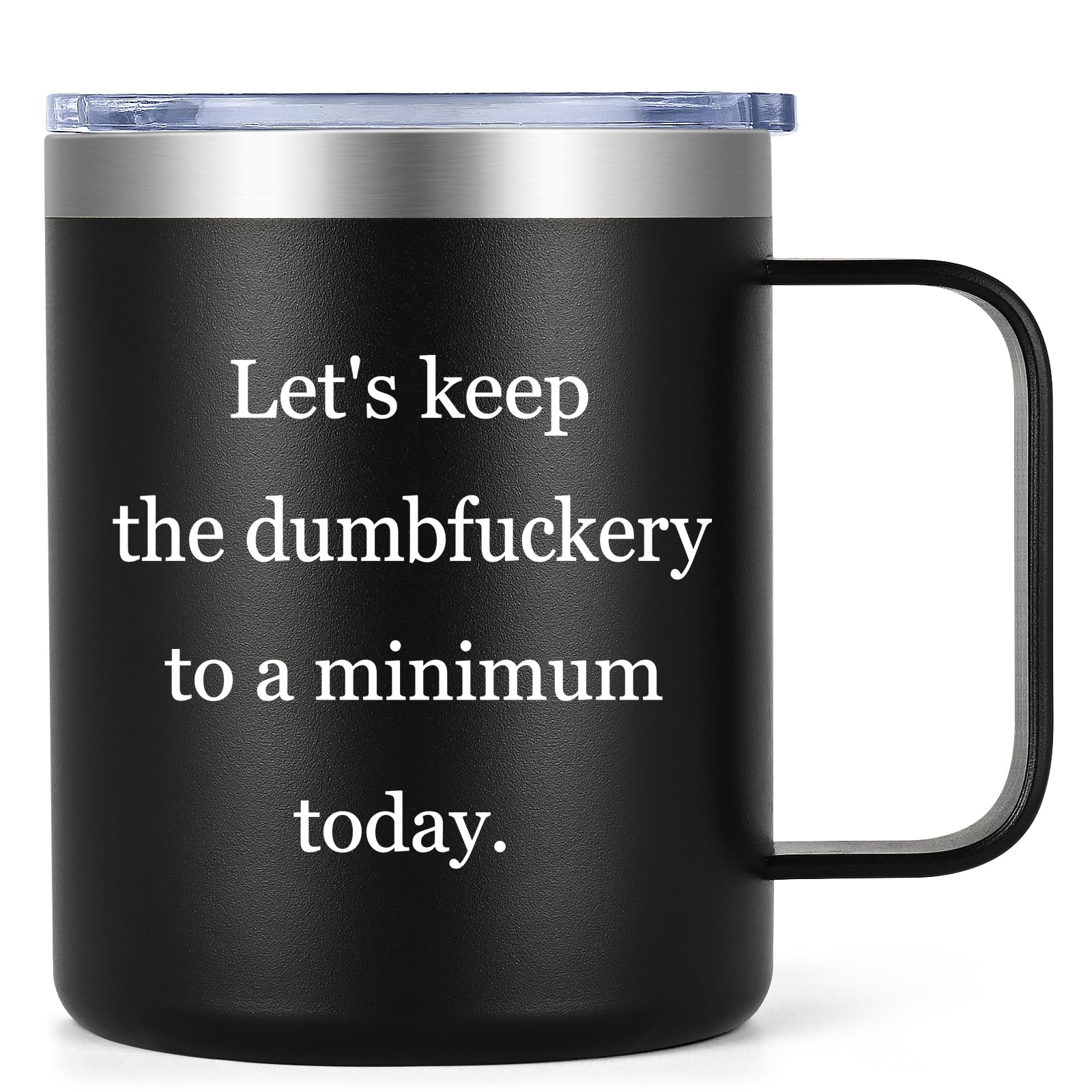 Taza Lifecapido de acero inoxidable con manija para un agarre cómodo en casa o oficina.