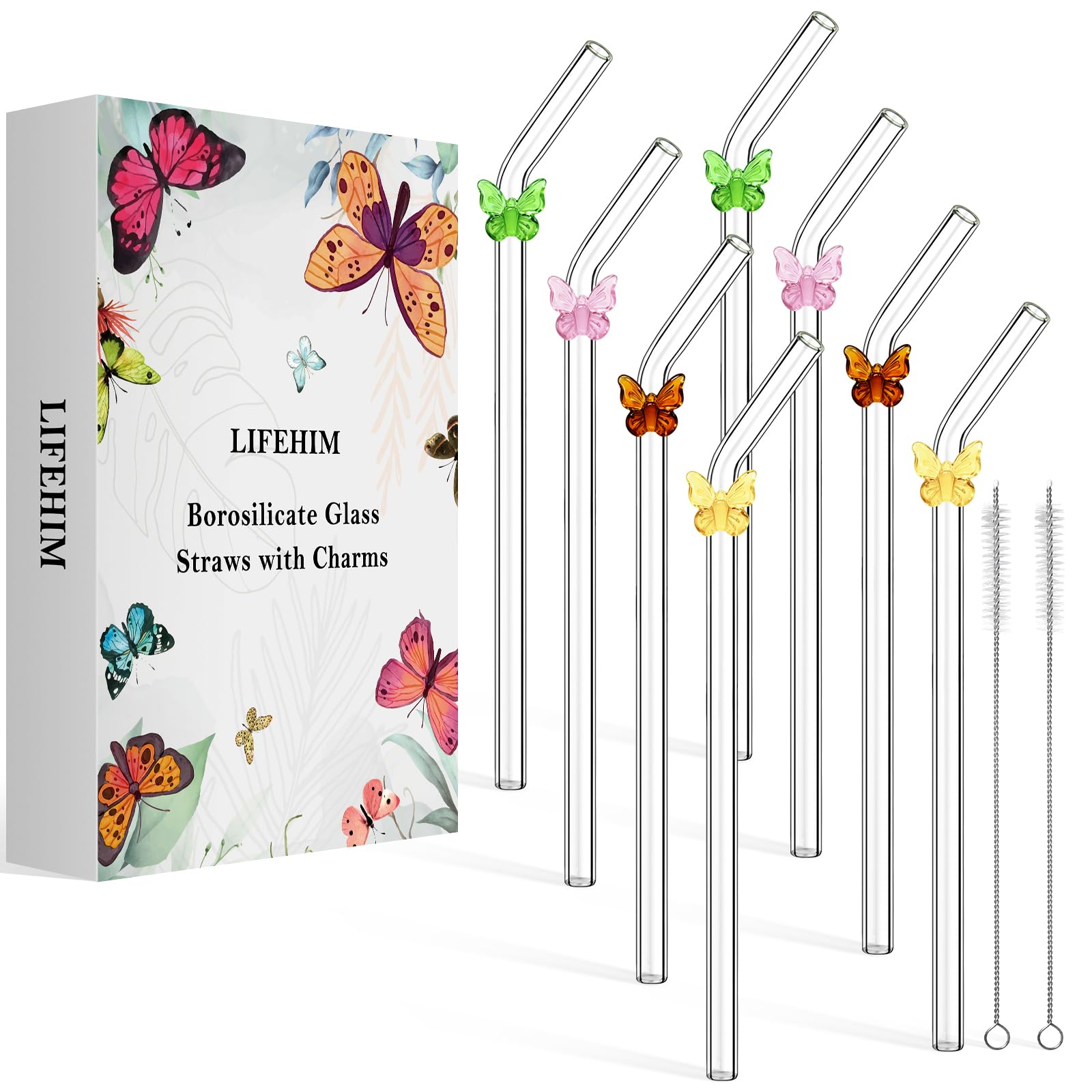 Pajillas de vidrio LIFEHIM coloreadas con mariposas para bebidas divertidas y elegantes