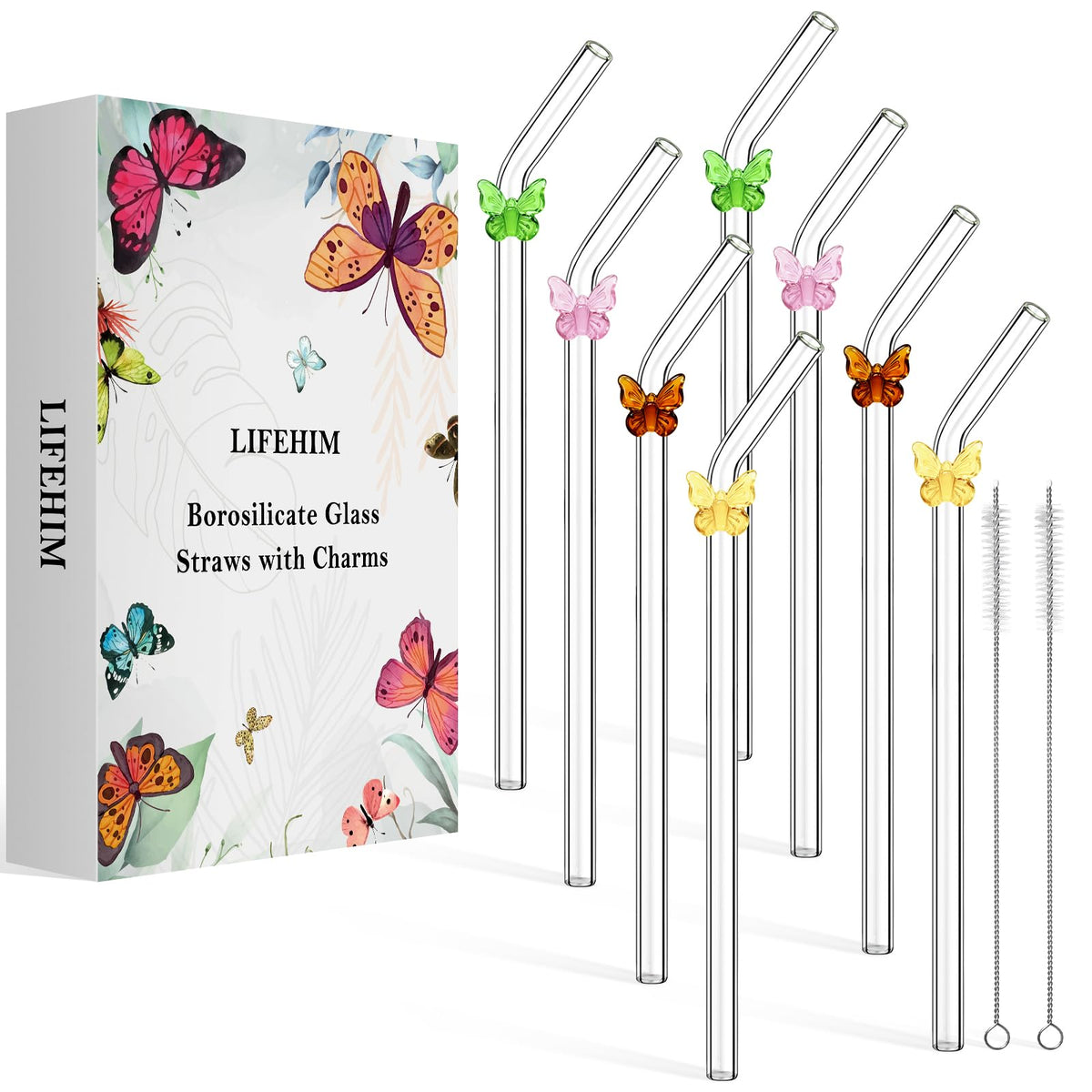 Pajillas de vidrio LIFEHIM coloreadas con mariposas para bebidas divertidas y elegantes