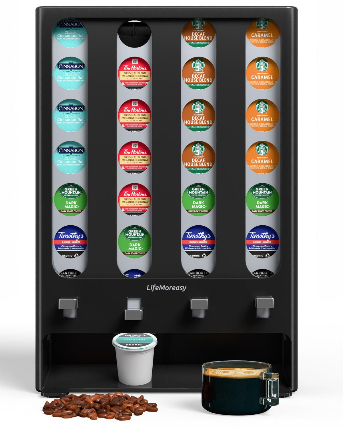 LifeMoreasy dispensador para cápsulas K, muestra 28 cápsulas y acceso rápido.