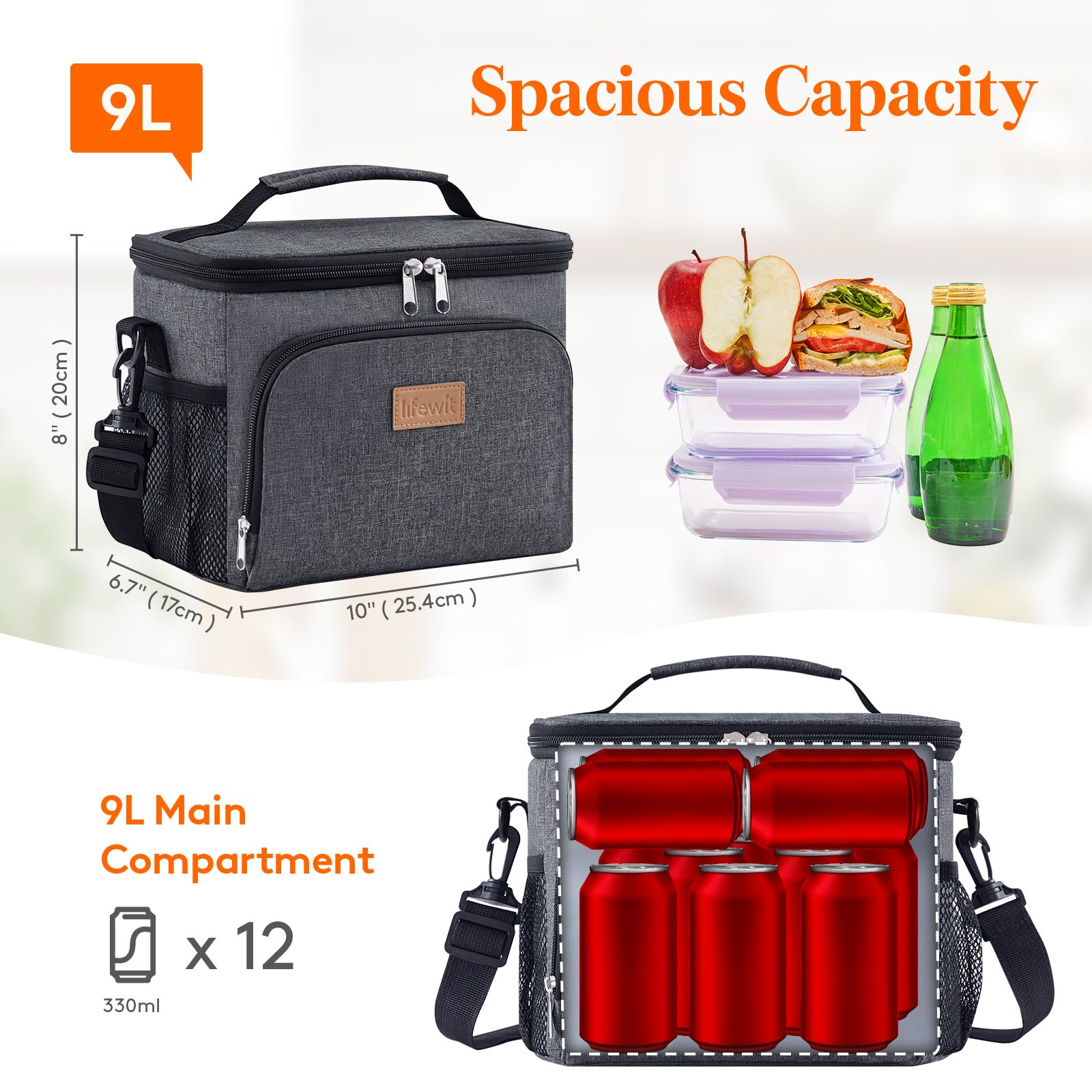 Lifewit bolsa de almuerzo capacidad 9L, espacio para cajas de comida y bocadillos.