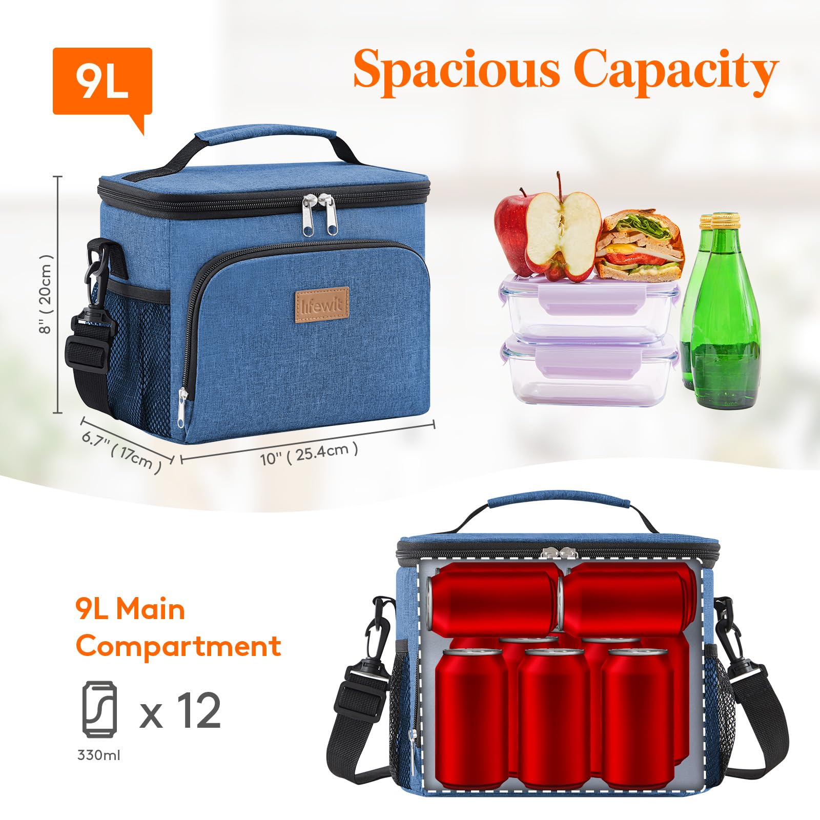 Lifewit bolsa-almuerzo-espacios-laterales con bolsillos para meriendas.