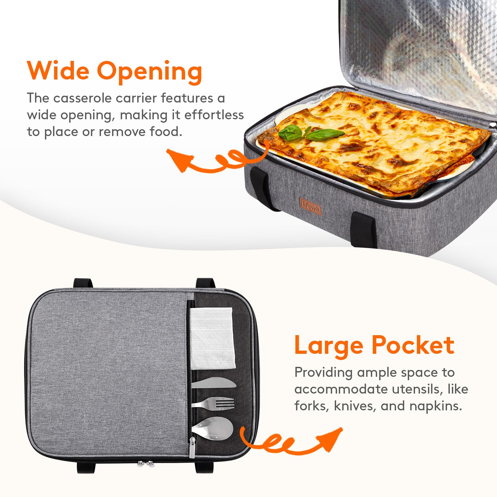 Lifewit bolsillo exterior para utensilios, acceso rápido durante la comida.