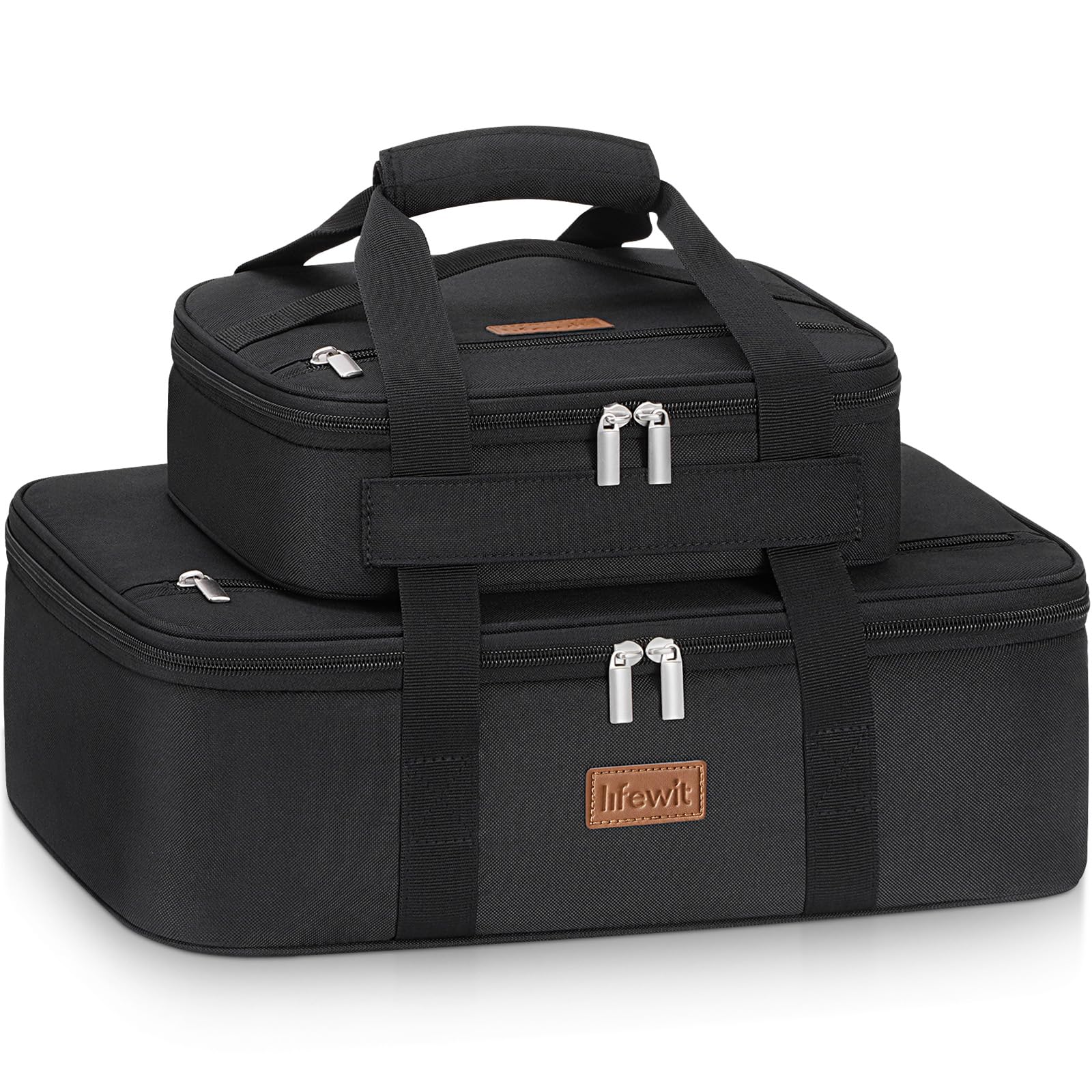 Lifewit Duo: cazuela aislada con dos compartimentos abiertos para transporte seguro de comidas grandes.