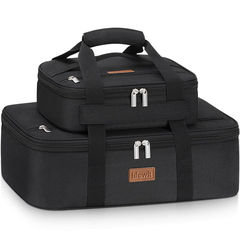 Lifewit Duo: cazuela aislada con dos compartimentos abiertos para transporte seguro de comidas grandes.