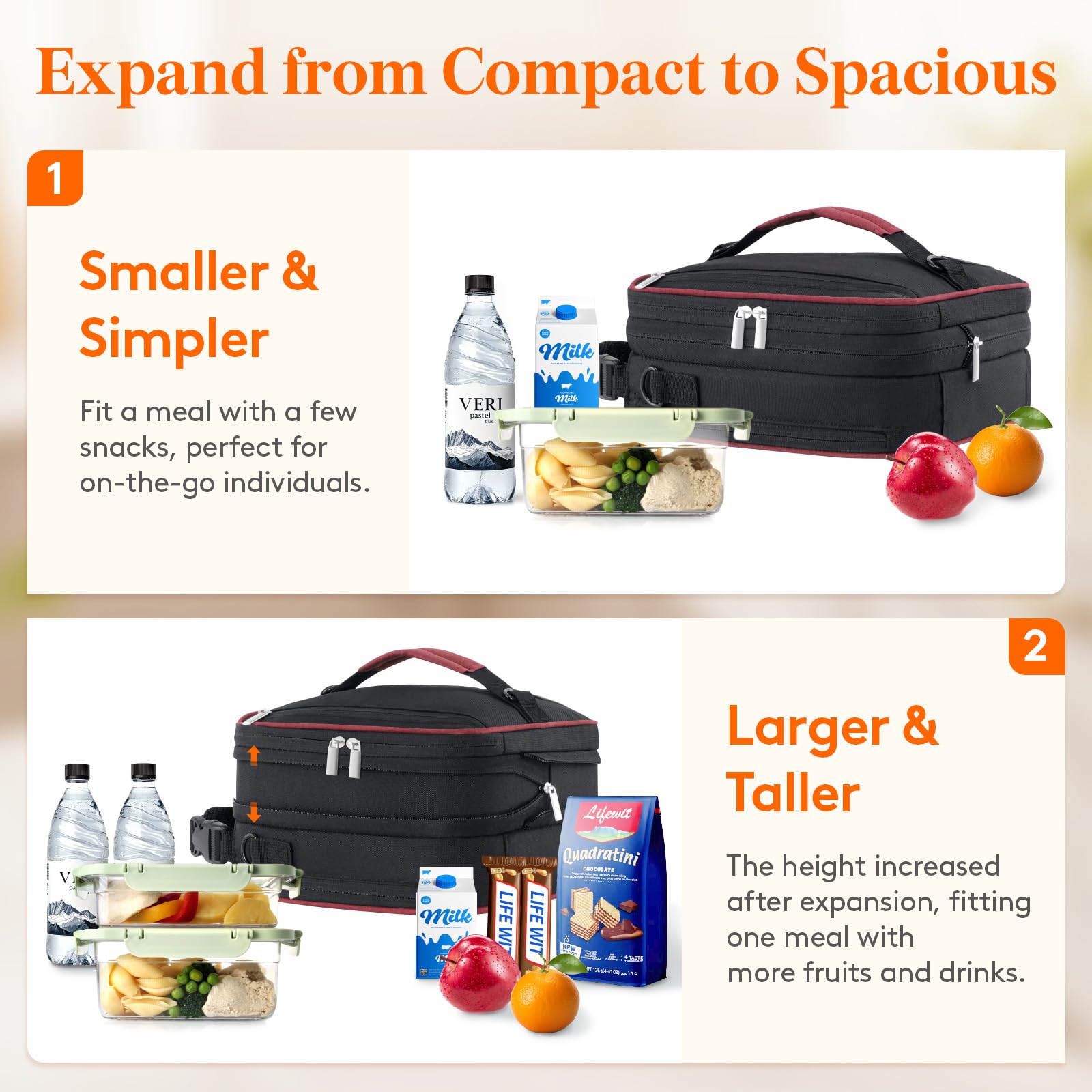 Lifewit Lunch Box apertura amplia con cremalleras dobles para fácil acceso.