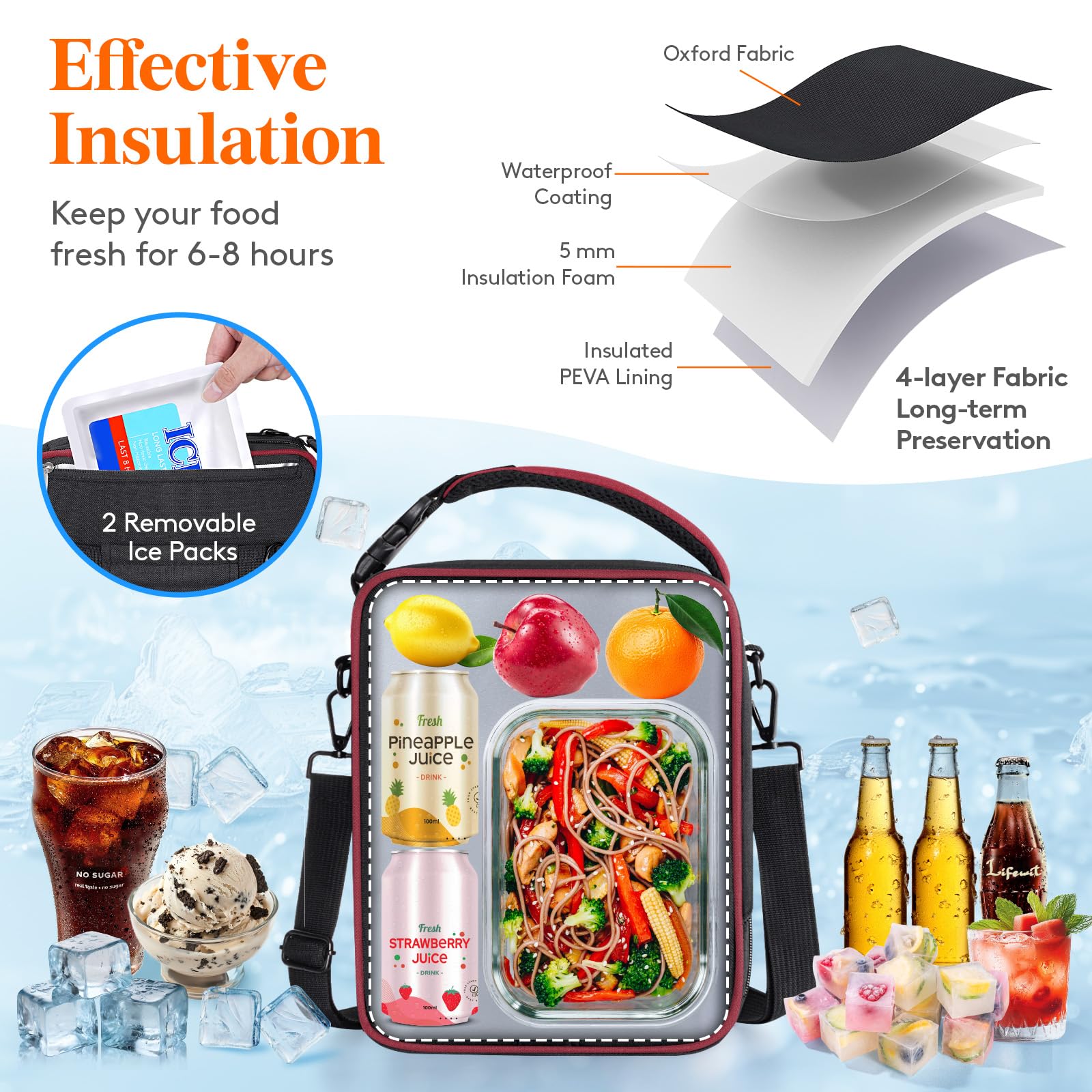 Lifewit Lunch Box interior con paquetes de hielo para mantener la comida fría.