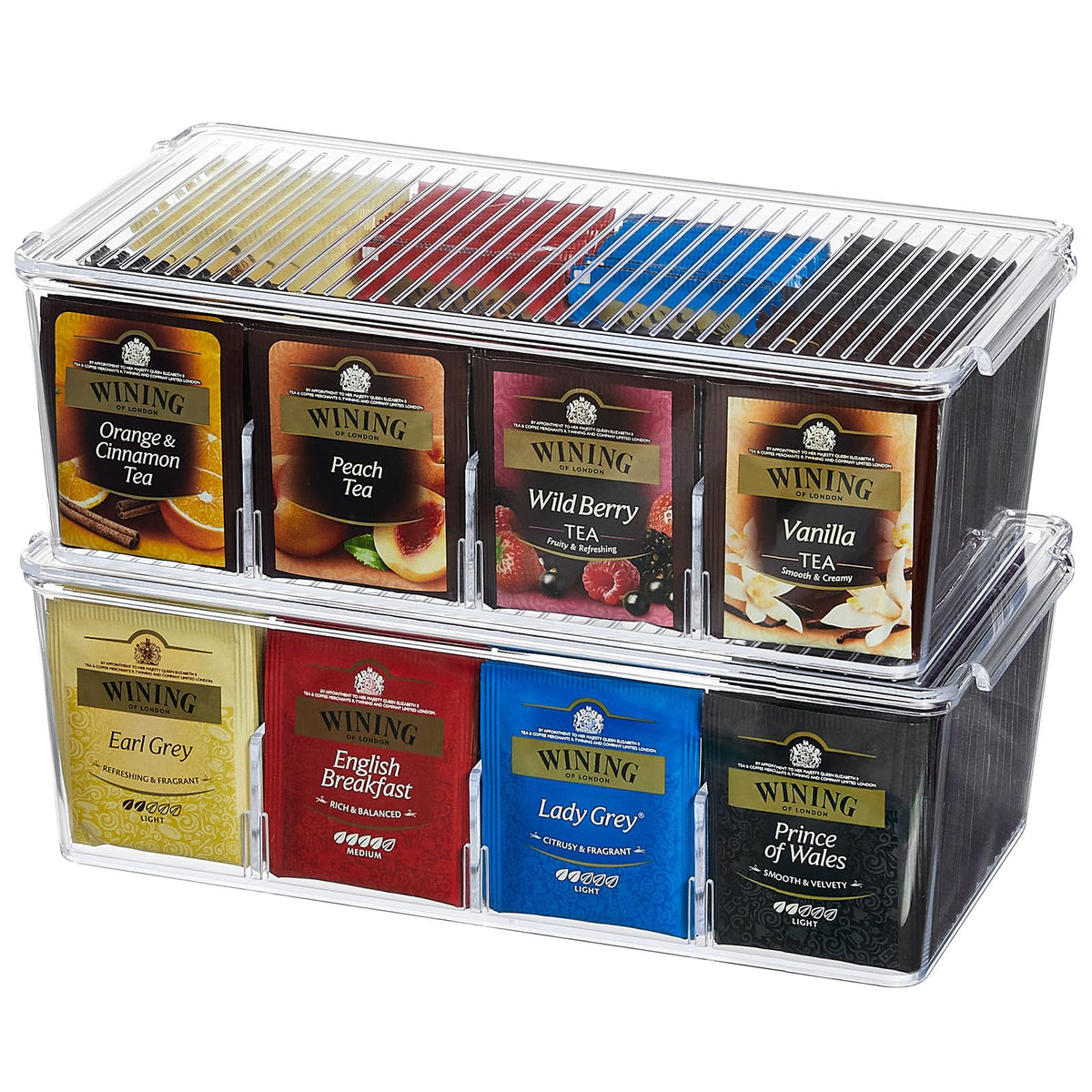 Lifewit organizador de té apilable, vista frontal para acceso rápido.