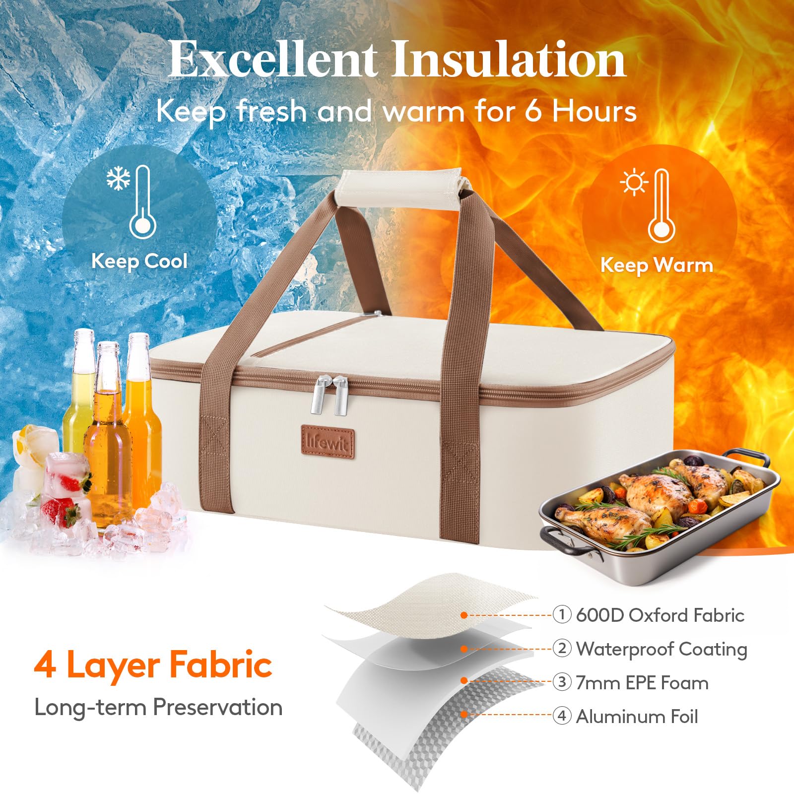 Lifewit Portador de cazuela aislada con tapa abierta para servir.