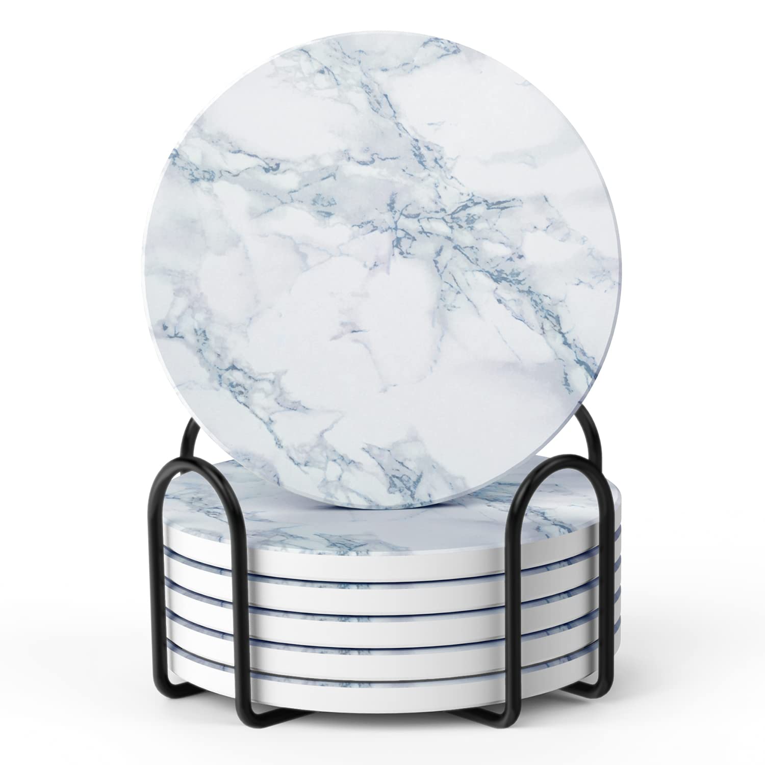 LIFVER posavasos cerámicos estilo mármol blanco con soporte para almacenamiento.