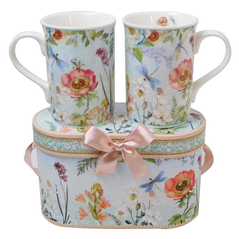 Lightahead tazas de café, juego de dos, china ósea con diseño floral para uso diario