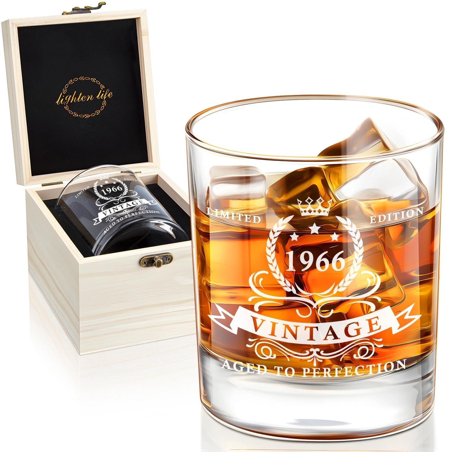 LIGHTEN LIFE copa whisky 1966 en caja de madera, regalo ideal de 60 años.