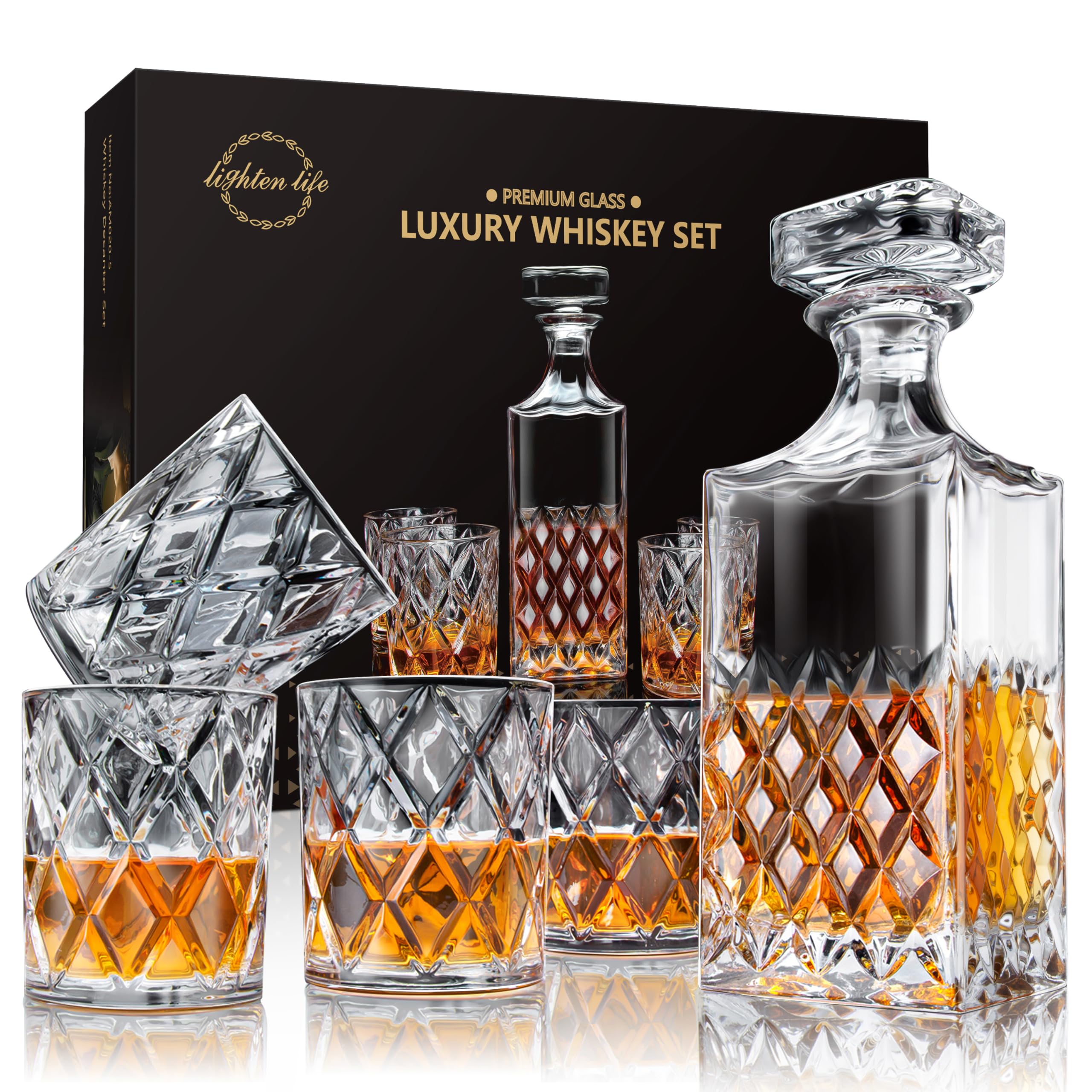 Conjunto LIGHTEN LIFE decantador whisky italiano con 4 copas en caja regalo