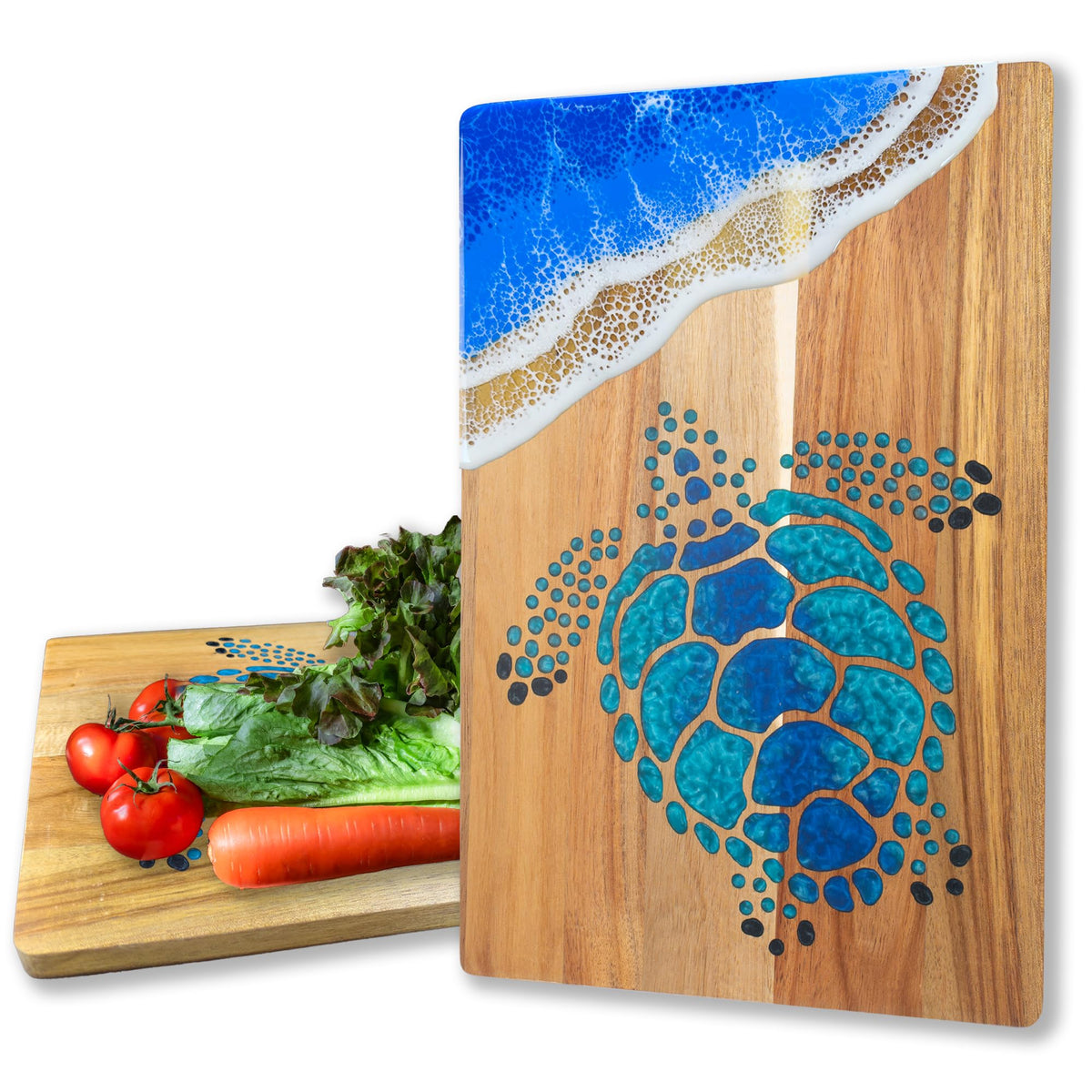 Tabla LILKUISYN con onda azul y tortuga marina, ideal para cortar y presentar alimentos.