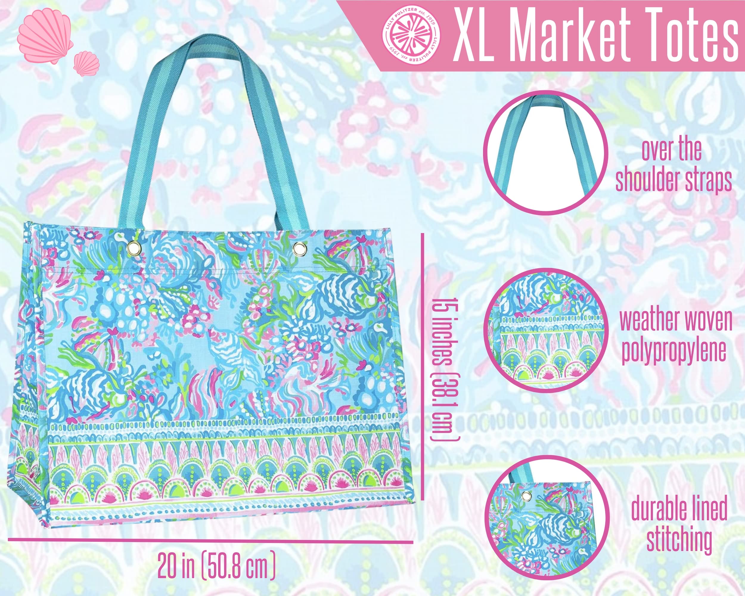 Lilly Pulitzer Aqua La Vista, medidas amplias para carga de compras y objetos voluminosos.