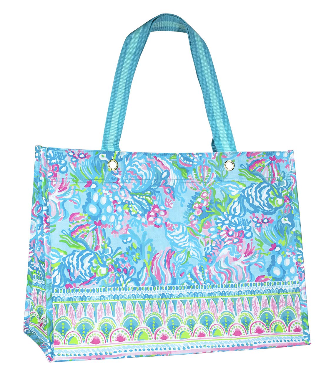 Lilly Pulitzer Aqua La Vista, bolsa de mercado XL con apertura amplia para compras y playa.