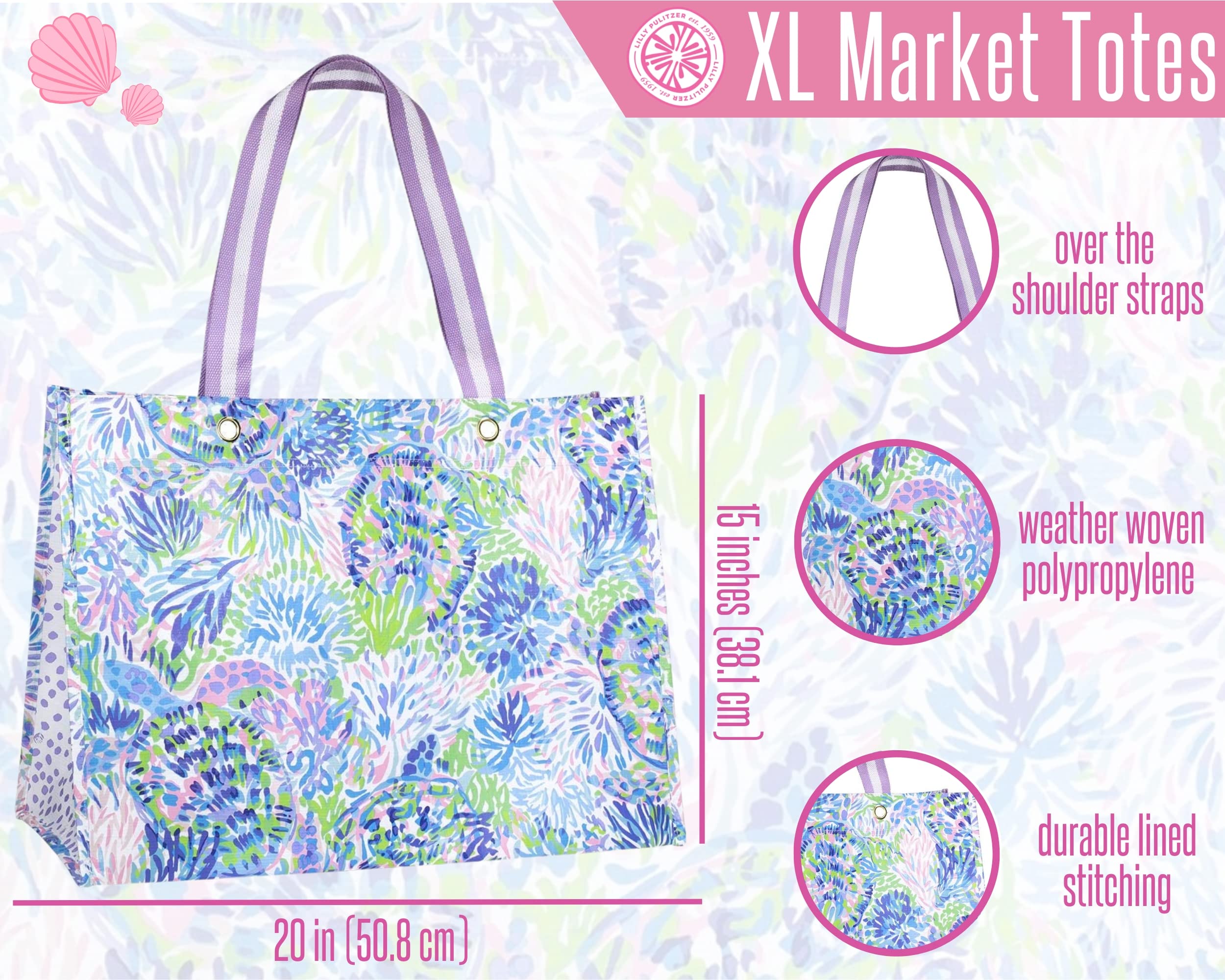 Interior amplio para billetera y llaves, Lilly Pulitzer bolsa de mercado XL.