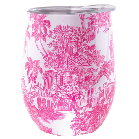 Tumbler Lilly Pulitzer con estampado Palm Beach Toile mantiene bebidas frescas en exteriores.