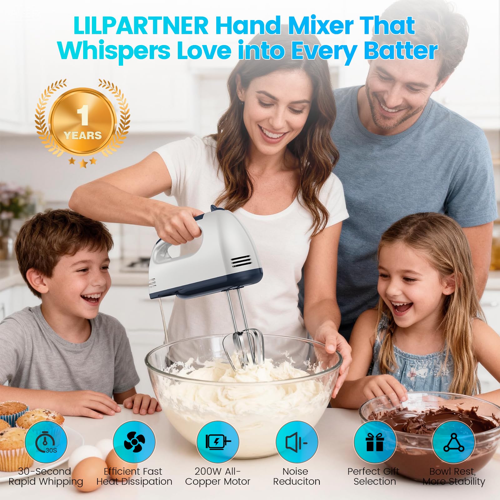 LILPARTNER batidora de mano con diseño vertical y botón único.