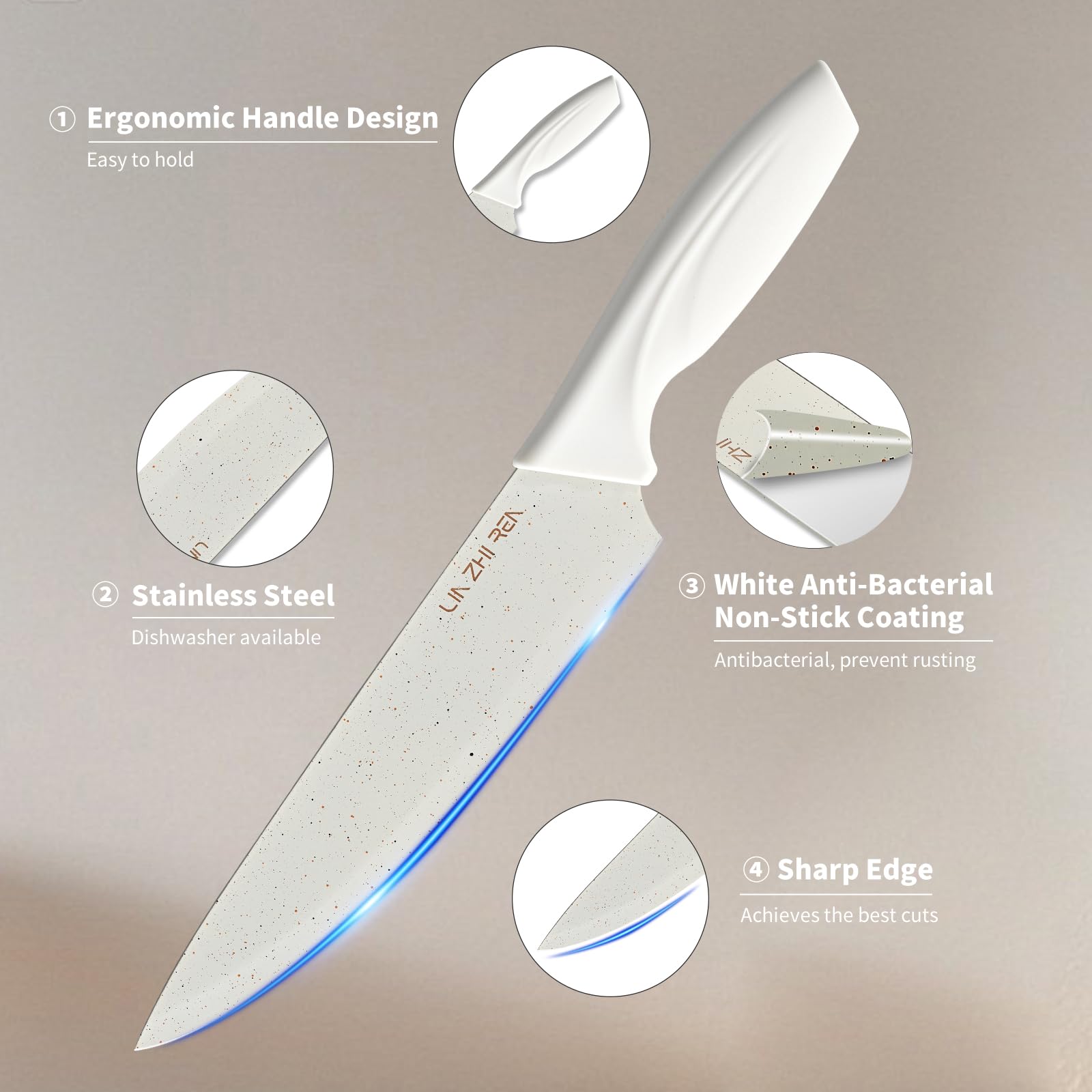 LIN ZHI REN, cuchillo santoku ergonómico para manejo cómodo.