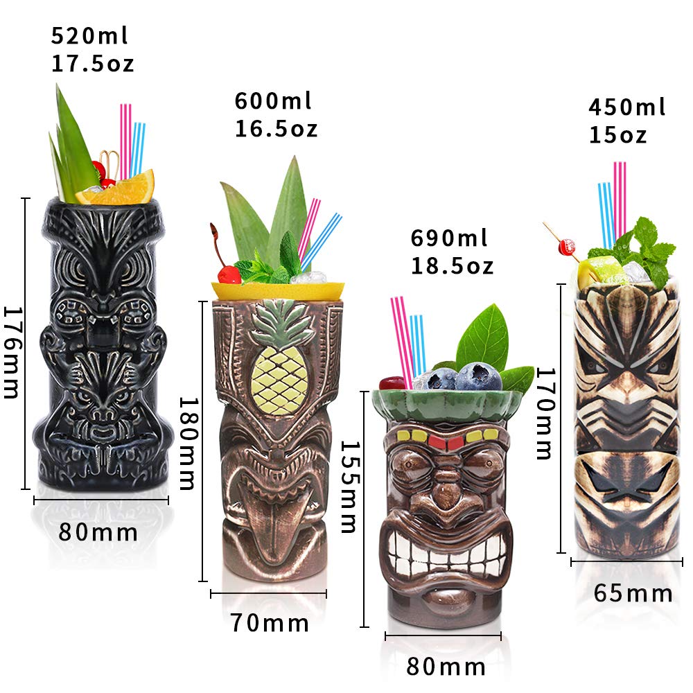 LINALL Tiki Mugs: tazas hawaianas pintadas a mano para fiestas al aire libre.