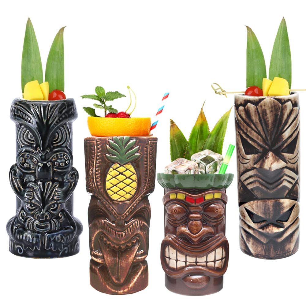 LINALL Tiki Mugs: juego de 4 tazas grandes para cócteles tropicales.