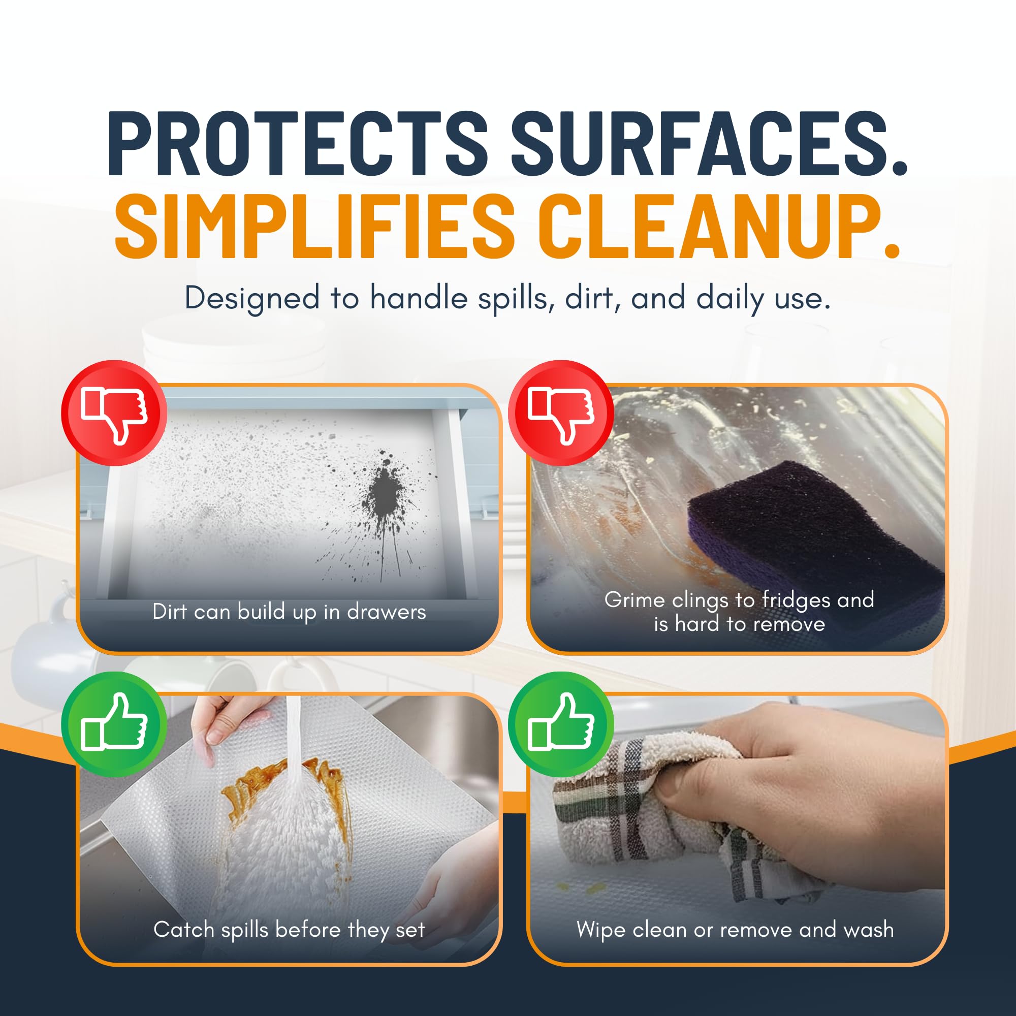 Linda's Essentials cubierta impermeable para gabinetes fácil de limpiar con agua y jabón suave.