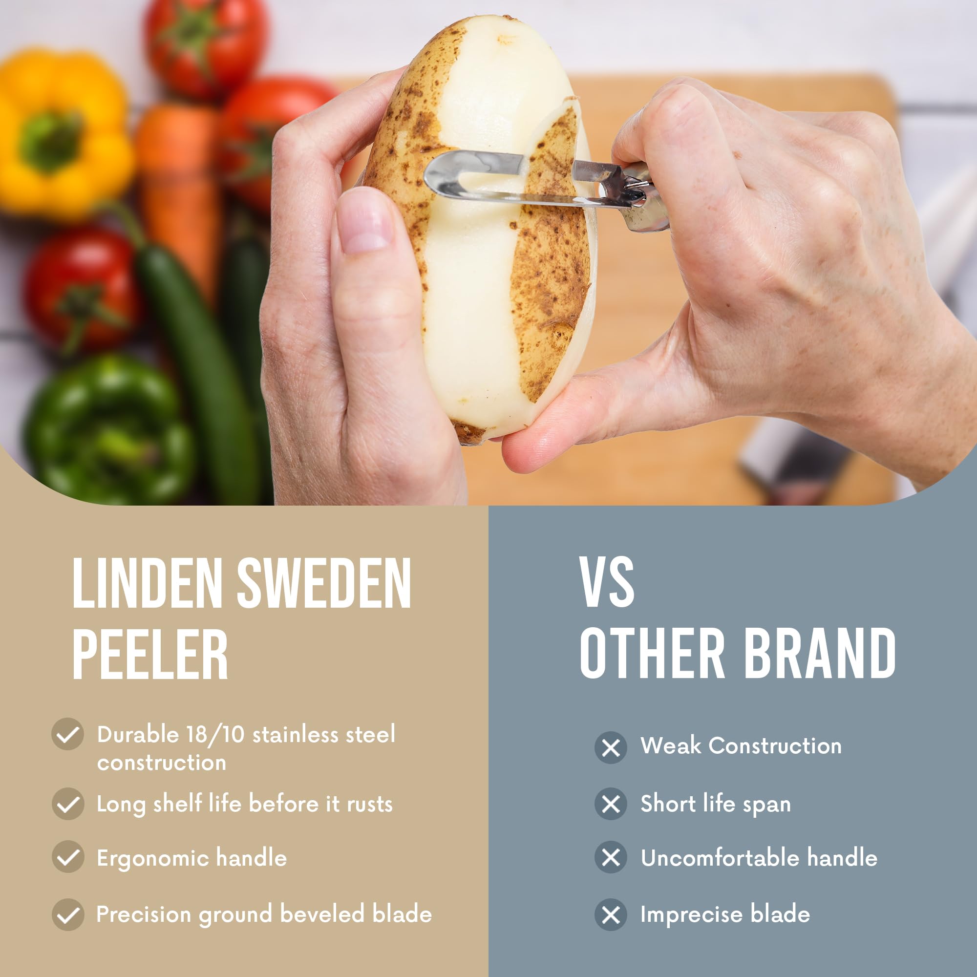 Pelador Linden Sweden, diseño ambidiestro para uso con ambas manos.
